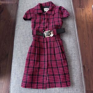 NWT Fashion Show Red + Black Check Button-Down Dress Patent Leather Belt | Sz 6